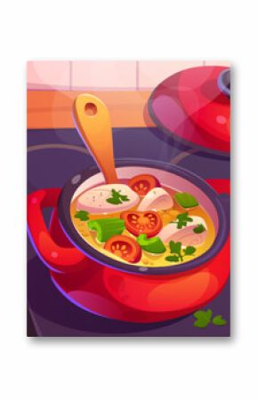 Red pan with vegetables soup on kitchen stove. Hot food smoke and boiling while cooking top view. Open pot with handle kitchenware graphic design. Dinner preparation in bowl on electric cooker
