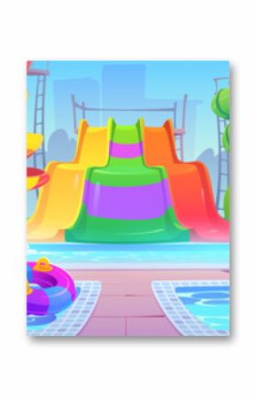 Summer waterpark with water pools and slides. Cartoon vector illustration of amusement aquapark with bright waterslide, inflatable balls and rings, lounge chair under umbrella and palm trees.