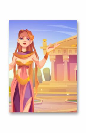 Ancient Greek temple with goddess vector background. Roman monument building and beautiful female god. Fantasy mythology parthenon landscape illustration. Road to mythical heaven archeology symbol