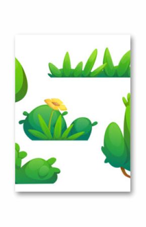 Green bush and grass border cartoon illustration. Garden tree plant icon set. Simple comic foliage fence with flower for game. Botany graphic asset for landscape or outdoor park hedge summer design