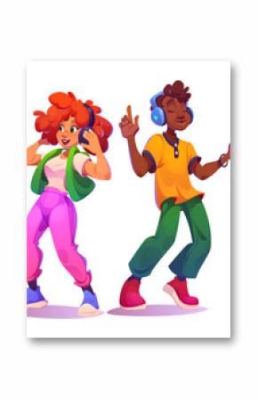 Persons listen to music in headphones and dance. Male and female young cartoon characters with earphones on head. Vector illustration set of man and woman relax and enjoy song moving to disco sound.
