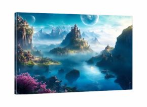 Fantasy beautiful view with mountains, planets and castle (Generative AI)