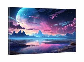 widok kolorowego nieba z planetami i księżycem w błękitno fioletowe barwy