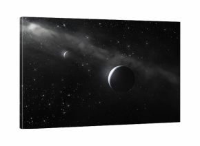 wizualizacja artystyczna planety z orbitującym wokół niej księżycem pośród międzyplanetarnego pyłu i gazu.