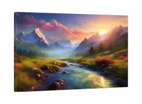 Strumyk górski w mglistej górskiej dolinie o zachodzie słońca tapeta obraz