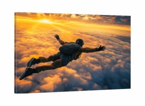 Skoczek spadochronowy swobodnie spadający przez chmury na tle rozświetlonego horyzontu.