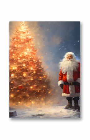 Santa claus and christmass tree, xmas card template with space for text