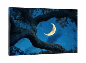 Nocne niebo z półksiężycem i drzewami