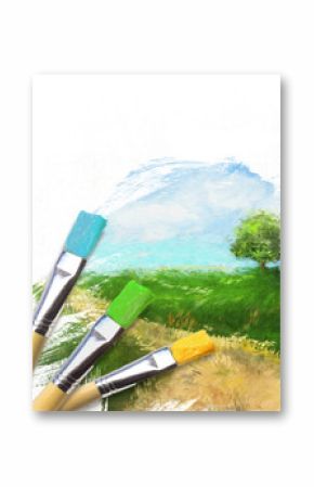 Artist brushes with a half finished painted landscape canvas