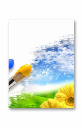 Paint brushes and landscape image