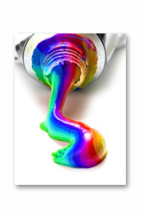 paint in rainbow colors flowing from a tube, closeup on white