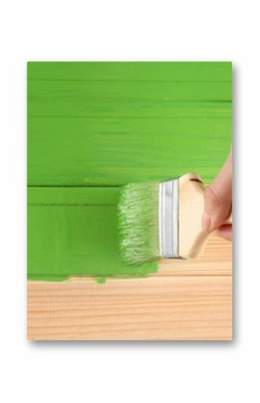 Decorator painting wood with green paint