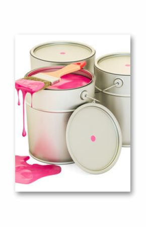 Cans with pink paint and brush, 3D rendering