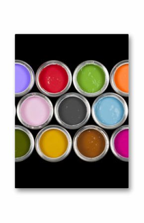 Arrangement of 13 paint tins on black background.