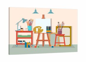 Art drawing design studio furniture. .Creative workshop room with canvas, paints, brushes, easel and pictures. Design salon for artists. Flat style vector illustration.