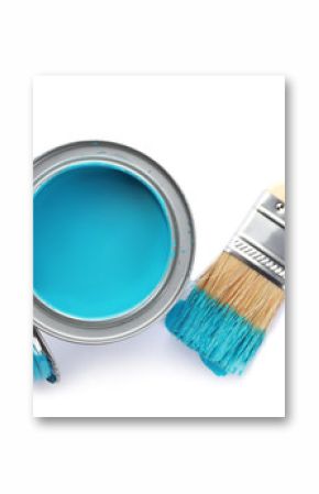 Can of blue paint and brush on white background, top view