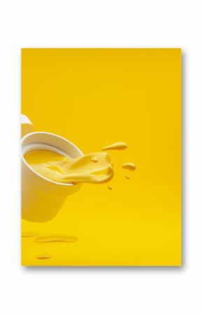 Yellow paint with splashes pouring out of white bucket and brush