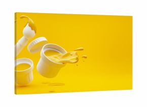 Yellow paint with splashes pouring out of white bucket and brush