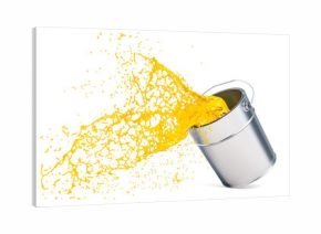 Yellow paint splashing out of can, 3D rendering