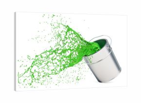 Green paint can with splashing, 3D rendering