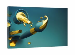 Gold paint with splashes pouring out of bucket and brush falling