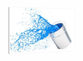 Blue paint can with splashing, 3D rendering