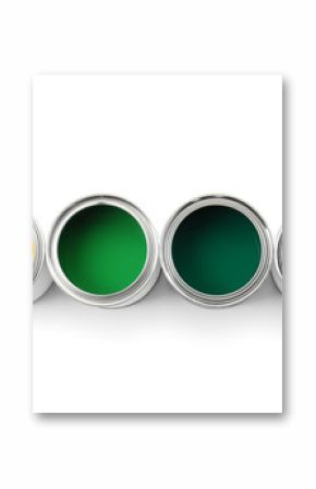 Row of paint cans on white background, top view
