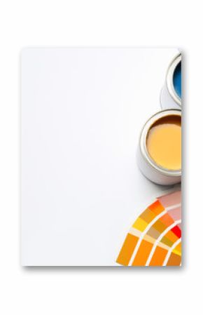 Different paint cans and color palette on white background, top view. Space for text
