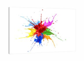 Red, blue, pink, yellow, light blue, orange and green paint splash explosion.