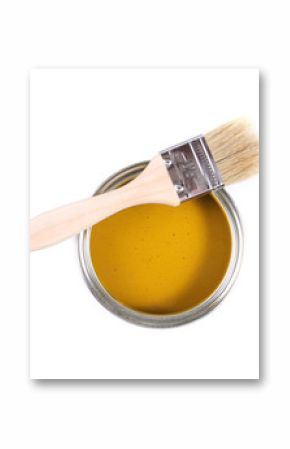 yellow paint can with brush isolated on a white background