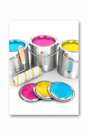 3d paint cans and roller brush