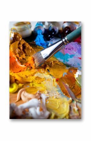Artist brush mix color oil painting on palette. Abstract art.