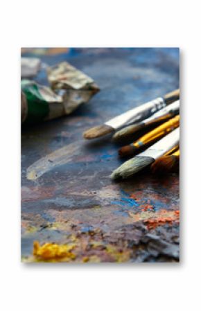 Oil paints and paint brushes on a palette.