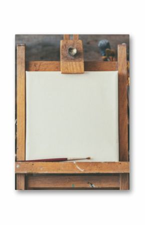 Artistic equipment in a artist studio: empty artist canvas on wooden easel and paint brushes Retro toned photo.