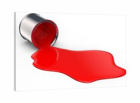 bucket spilling red paint on the ground