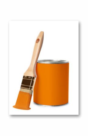 Orange paint can with brush on white background. Space for design