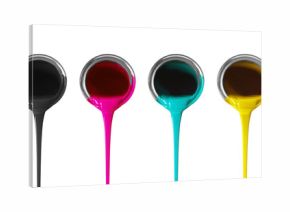 Set of bright paints pouring from silver metal cans on white background