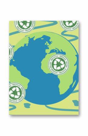 Image of recycling signs over earth globe and green and blue background