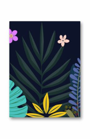 Image of jungle flowers and leaves on black background