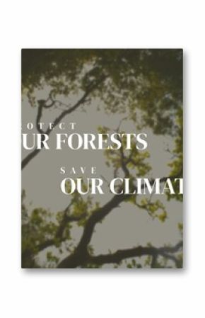Composite of protect our forests and save our climate text and trees growing under sky in woods