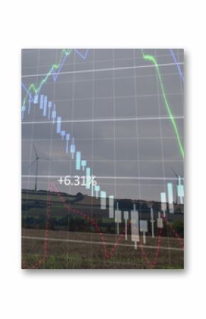 Image of financial data processing over spinning windmills against grey sky