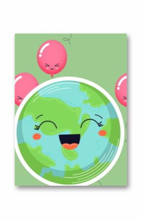 Image of balloons and happy globe on green background