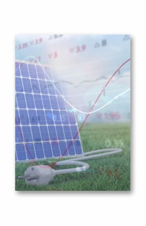 Image of financial data processing over wind turbines and solar panel