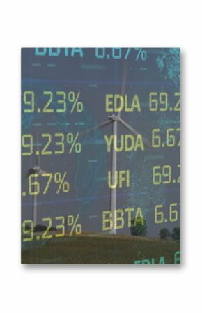 Image depicts stock market data on a globe with wind turbines, symbolizing climate change.