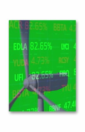 Image of stock market data processing over spinning windmill against green background