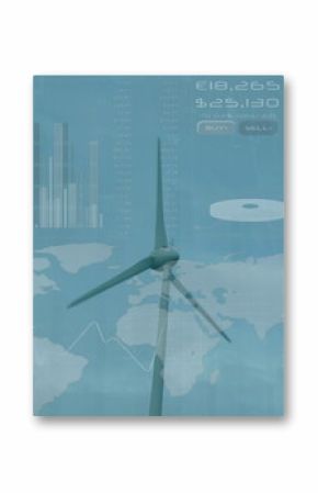 Image of multiple graphs, numbers and map over low angle view of spinning windmill