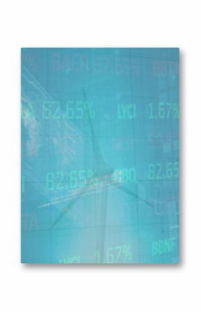 Image of stock trading board, graphs, globe, low angle view of rotating windmill against sky