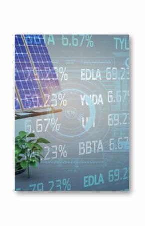 Image of financial data processing over solar panel on blue background