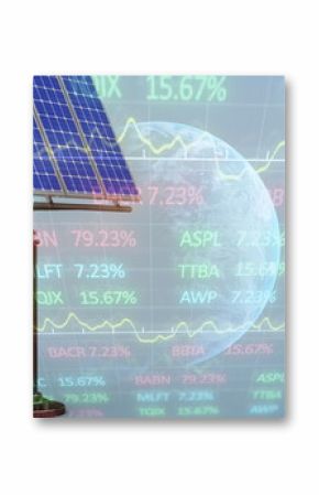 Image of financial data processing over solar panel and globe on blue background