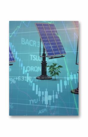 Image of solar panels with plants over graph and trading board